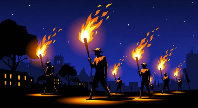 Group of people holding flaming torches at night historical reenactment or protest concept dramatic silhouette illustration with city skyline
