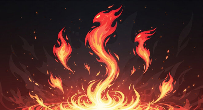 Fiery spirits or elemental creatures rising from a bonfire abstract fantasy illustration with glowing embers and dark background representing power and magic