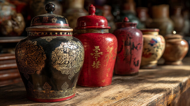 Antique Asian Ceramic Ginger Jars with Ornate Traditional Decor