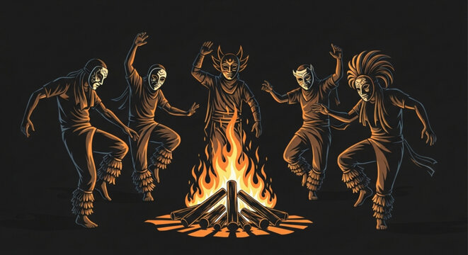 Tribal people in masks dancing around a bonfire at night representing ancient rituals and cultural celebration isolated on dark background