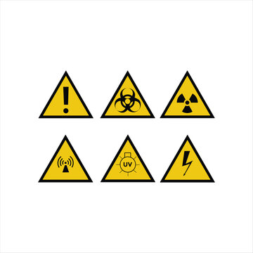 Set of Yellow Triangle Hazard Warning Signs and Safety Symbols