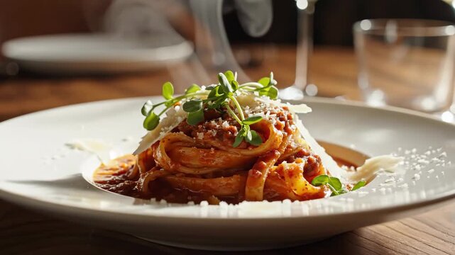 Steaming pasta dish garnished with greens and cheese served on a rustic table in a cozy setting