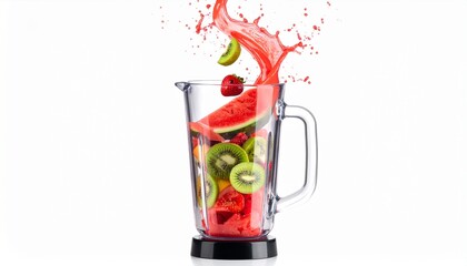 Obraz premium Refreshing fruit smoothie in blender with dynamic splash of watermelon, kiwi, strawberry. Healthy drink prep.