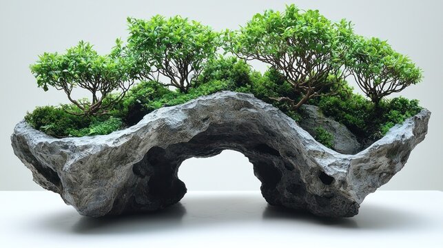 Miniature Forest Landscape: Bonsai Trees on Rock Formation with Arch