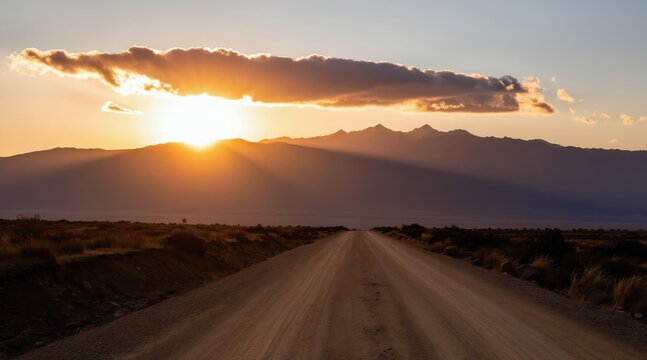 Dirt road goes to distant mountains at sunrise. Sun shines through clouds, casting long shadows on barren land. Warm golden light bathes horizon, creating peaceful journey scene.