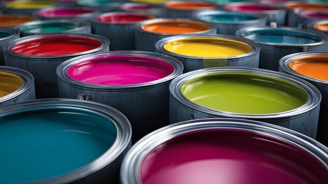 Colorful Paint Cans with Bright Shades for Artistic Projects and Designs