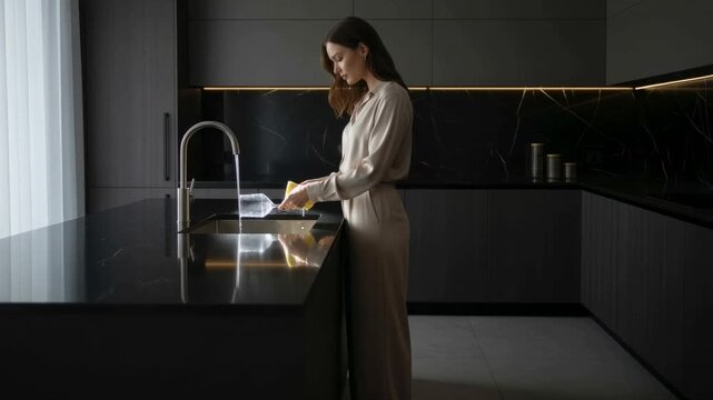 Elegance in simplicity as a woman washes crystal glasses in a luxury kitchen oasis