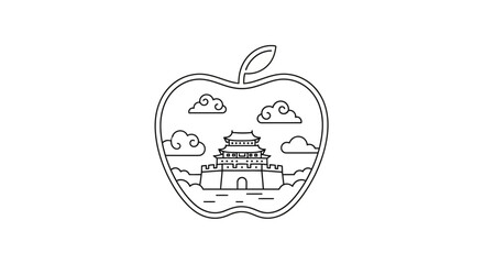 Obraz premium Apple Outline with Traditional Chinese Gate and Clouds