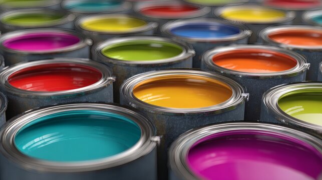 Vibrant Collection of Open Paint Cans in Various Colors and Shades