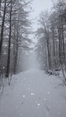 Obraz premium Snow falling along quiet forest winter path