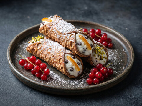 Crispy Sicilian cannoli filled with sweet ricotta cream, chocolate chips, and pistachios, garnished with red currants on a rustic plate. A classic Italian dessert.