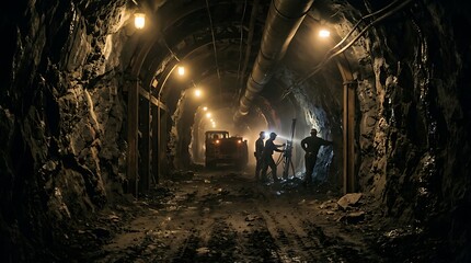 Fototapeta premium Underground Mining Tunnel Workers Using Equipment in Dimly Lit Industrial Cave