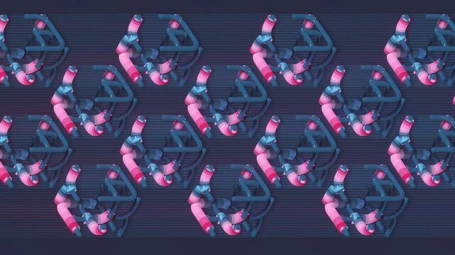 Seamless 3D pattern. Complex nodes in gray-blue and pink tones rhythmically transform in isometry. Elegant futuristic animation for IT projects, intros, and technology backgrounds