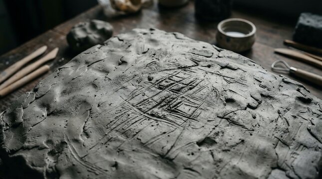 Ancient Rock Carving with Geometric Symbols in Workshop.