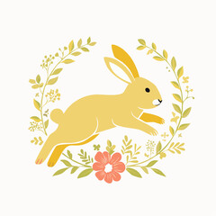 Obraz premium Yellow Rabbit Jumping in Floral Wreath
