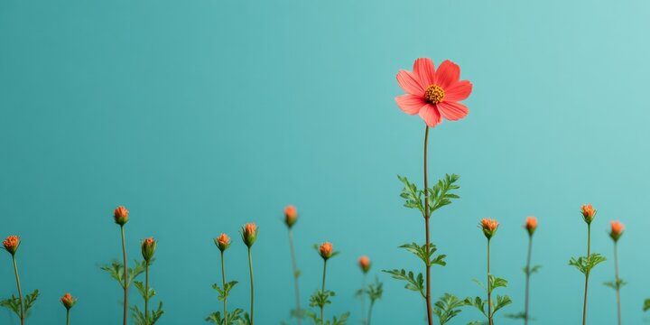 Single bright orange flower among unopened buds on soft teal background highlighting individuality uniqueness growth potential and standout identity concept