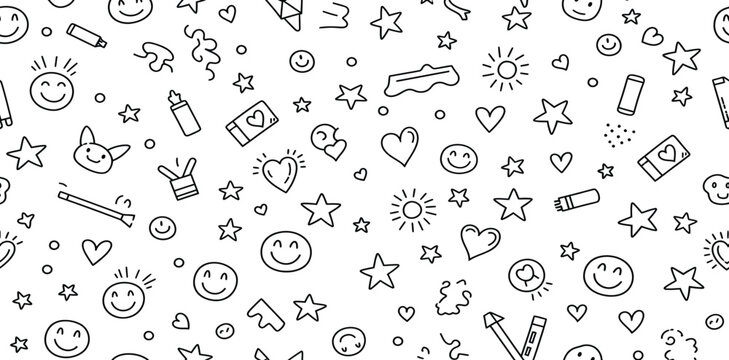 A variety of cute hand drawn doodles on a white background including smiley faces and shapes in black lines