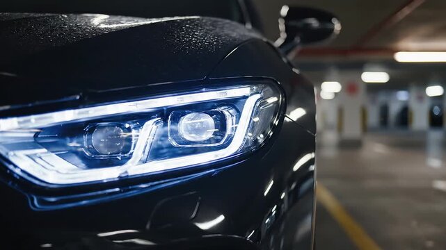 Closeup of car headlight in parking garage perfect for UI/UX design and motion graphics