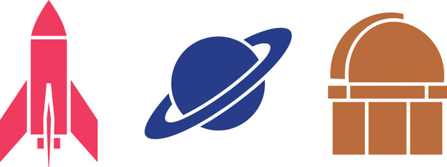 Space exploration and astronomy icons set featuring rocket ringed planet and observatory vector © Bakalia