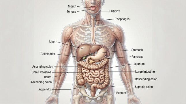 Human body anatomy with labeled digestive system.