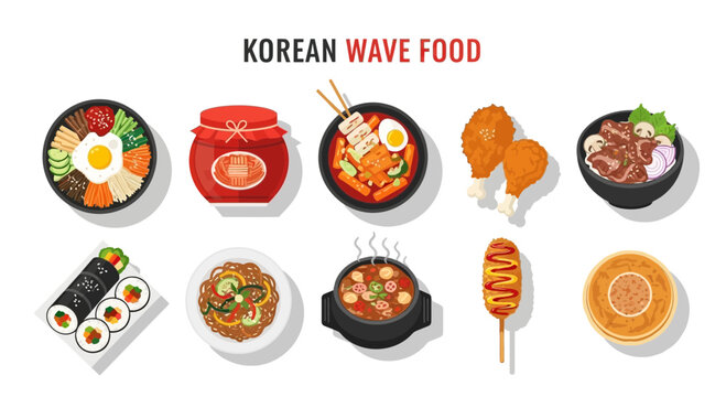 Korean wave food dishes illustration.