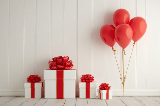 Colorful Gift Boxes with Red Ribbons and Balloons for Celebrations