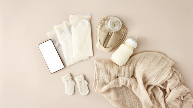 Organized Flat Lay of Breast Milk Storage, Baby Bottle, Breast Pump, and Smartphone with App Screen for New Mom.