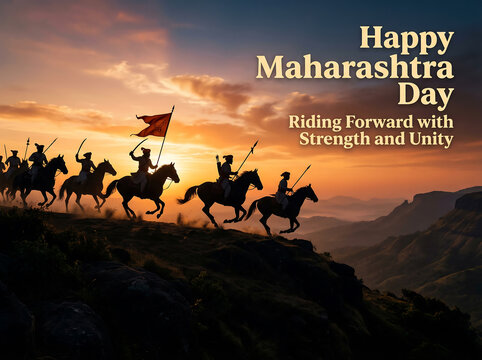 Maharashtra day celebration silhouette horsemen riding at sunset with flag