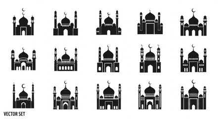 Fototapeta premium Collection of Islamic Mosque Icons in Silhouette Style.