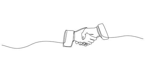 Obraz premium One line drawing of a handshake, continuous line art of two hands shaking, agreement, partnership, or deal,Continuous line drawing of a business handshake between two people,Editable stroke. Vector