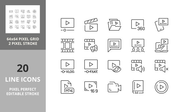 Line icons about video. Contains such icons as video lesson, aspect ratio, viral and more. Editable vector stroke 2 of 2 sets. 64 and 256 Pixel Perfect scalable to 128px...
