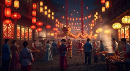 Fototapeta premium Vibrant Chinese New Year Street Festival with Dragon Dance and Lanterns.