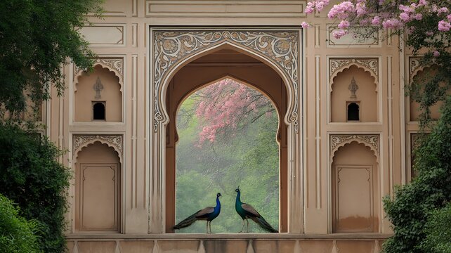 Illustration of a Mughal garden with peacocks, parrots, plants, and trees, featuring a botanical landscape pattern.