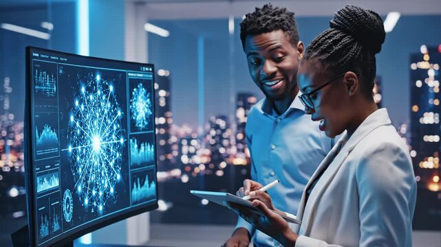 Data analysts examining complex network visualization on a large screen