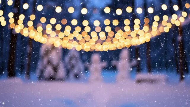 Festive outdoor string lights hanging in a snowy winter forest at twilight
