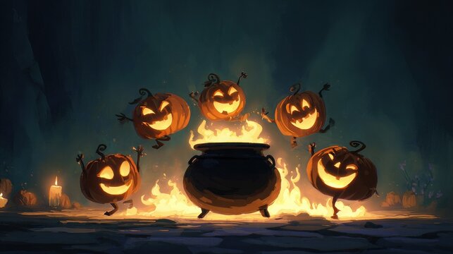 Animated Halloween jack-o-lanterns dancing around a cauldron with glowing firelight