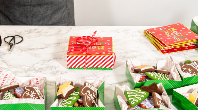 Holiday Cookie Gift Boxes Arranged on a Festive Table