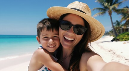 Fototapeta premium Mom and son take selfie on beach. They smile happily near ocean and palm trees. Family enjoys summer vacation together, capturing joyful memories.