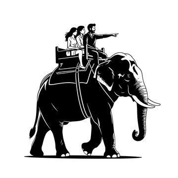 People riding elephant with man pointing forward