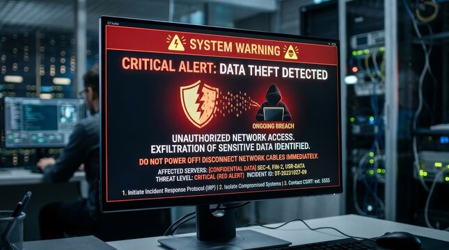 Data breach alert unauthorized network access detected in server room cybersecurity incident technology environment