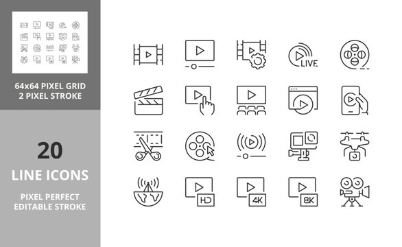 Line icons about video. Contains such icons as broadcast, live, production and more. Editable vector stroke 1 of 2 sets. 64 and 256 Pixel Perfect scalable to 128px...