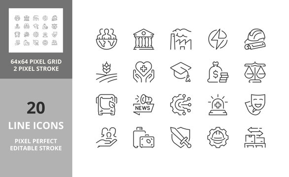 Line icons about society sectors. Contains such icons as industry, public sectors, trade and more. Editable vector stroke. 64 and 256 Pixel Perfect scalable to 128px...