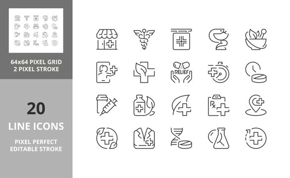 Line icons about pharmacy and medication. Contains such icons as treatments, naturophaty, dose and more. Editable vector stroke 2 of 2 sets. 64 and 256 Pixel Perfect scalable to 128px...