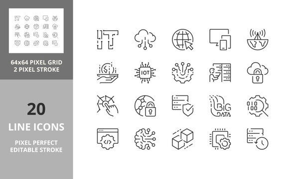 Line icons about information technoligies. Contains such icons as cloud computing, internet, digital transformation and more. Editable vector stroke. 64 and 256 Pixel Perfect scalable to 128px...