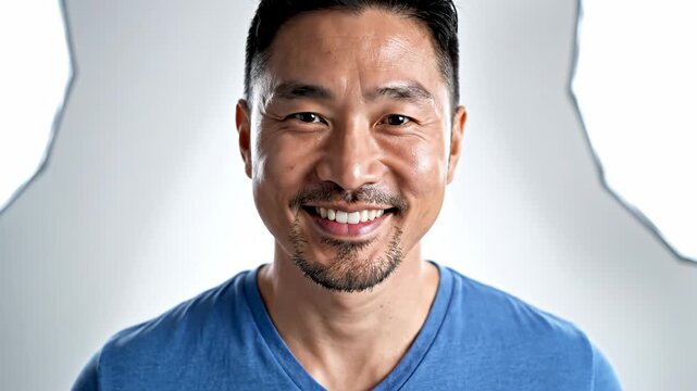 Portrait of a smiling asian man with a goatee wearing a blue vneck tshirt