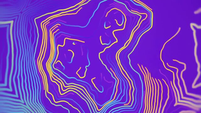 High-energy 4K CGI visualization of neon yellow and blue contours on purple. Seamless procedural loop for tech presentations, esports, and digital art. Precise non-AI 3D modeling and rendering