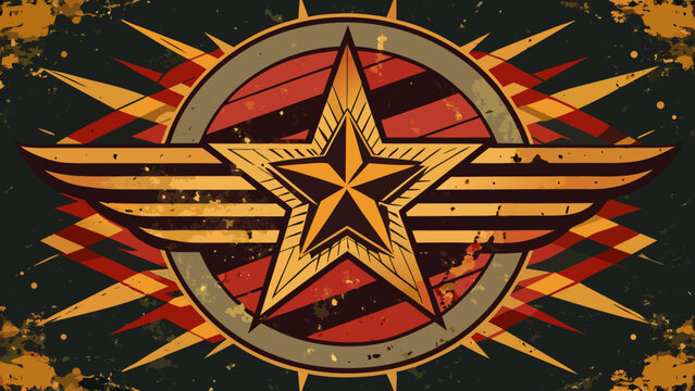 Distressed vintage star emblem with wings and radiating elements distressed illustration heraldry achievement strength abstract geometric radiating circular metallic scratched competition