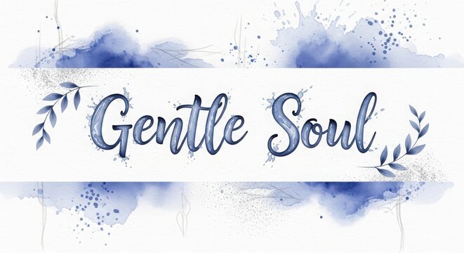 handwritten gentle soul calligraphy on watercolor blue abstract background with ink splatter texture