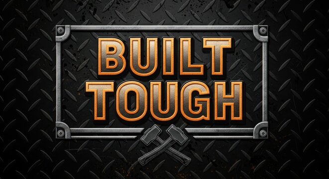 bold built tough metal sign with hammer emblem on dark industrial background for strength and resilience