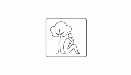 Fototapeta premium Solitary person sitting under a tree, contemplating, minimalist line art icon